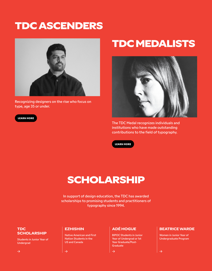 The section about TDC Ascenders and Medalists reverses the color scheme, featuring white text against red.