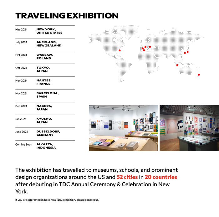 The section about the TDC’s traveling exhibition presents dates and locations in contrasting weights.