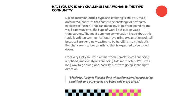 Detail from an interview with Jess Goldsmith, using bold caps for the questions and italic for the pull quote