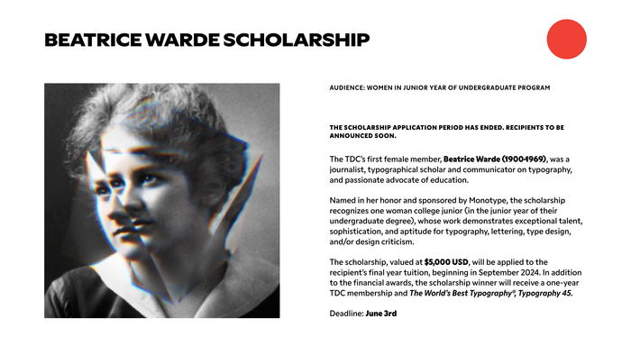 The page about the Beatrice Warde Scholarship highlights the most important bits in bold, with italic used for book titles.