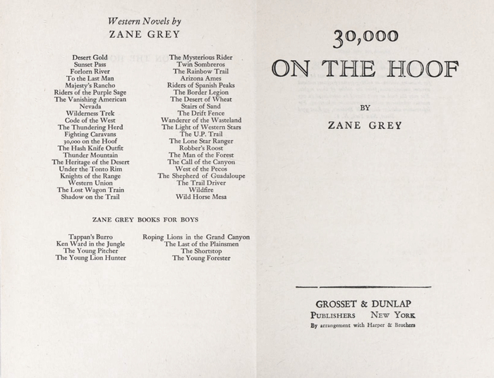 On the title page, the book’s title is set in . The designer apparently didn’t like this typeface’s zero, which is a monolinear circle, and used the lowercase letter o instead (in his own book, Goudy agreed).



Most of the smaller text is set in Janson, apparently using the version by Mergenthaler Linotype. Judging from the narrower Z in “ZANE”, the heading at the top of the left page is set in , though. The publisher’s name at the bottom right looks like it’s Mergenthaler Linotype’s Garamond (No. 1), a design based on .