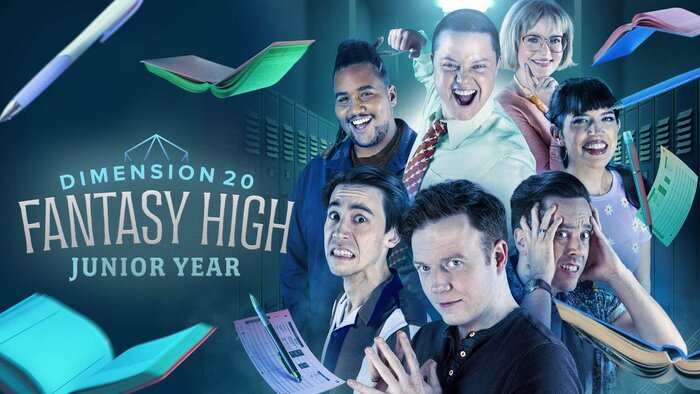 Banner artwork for Fantasy High Junior Year, logo featured on the left and cast Lou Wilson, Zac Oyama, Ally Beardsley, Siobhan Thompson, Emily Axford, Brian Murphy, and Brennan Lee Mulligan featured on the right.