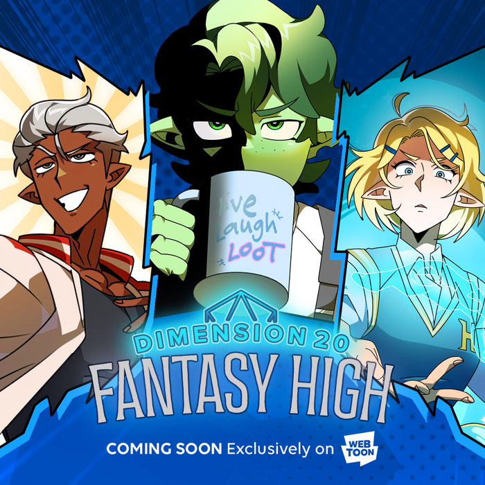 Promotional material for the Fantasy High Webtoon, featuring the Season 3 logo as well as characters (from left to right) Fabian Seacaster, Riz Gukgak, and Adaine Abernant