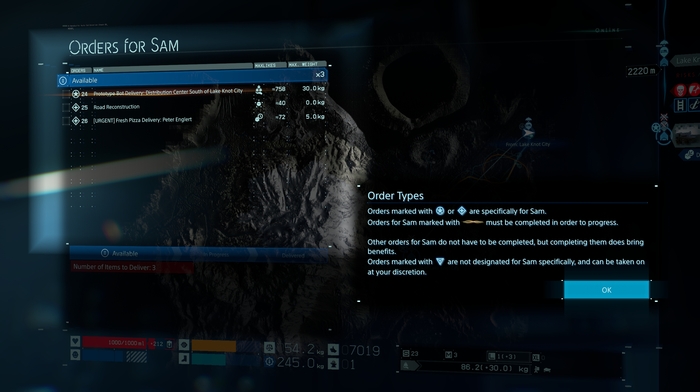 Choosing an order available for the player. EX PS Medium Neon is on the top left, while BO CD Mono is used for the numbers pertaining to the weight of the cargo
