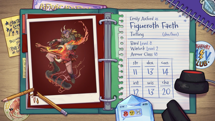 Screenshot of Episode 1, Summer Scaries

Pictured is art of a closeup of an open binder on a student’s desk, with the left side of the binder showing art of Figueroth Faeth, and the left side of the binder showing a torn loose-leaf sheet of paper displaying basic character information in Carrotflower. All art shown on screen was illustrated by Cait May.