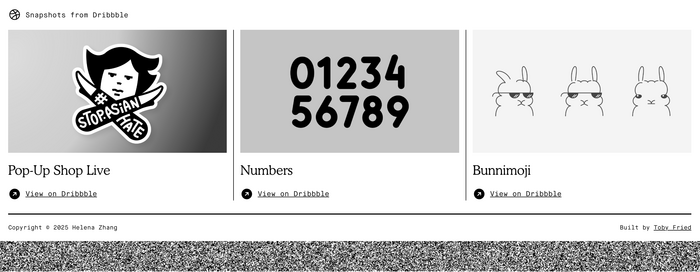 Helena Zhang’s Dribbble snapshots with a noise footer
