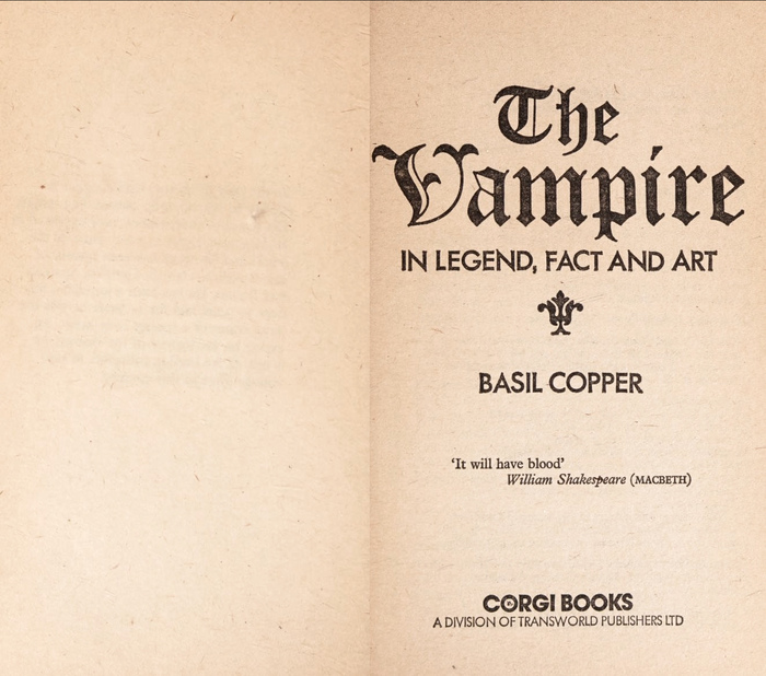 The typography of the title page is carried over from the first edition by Robert Hale &amp; Co., featuring  – with appropriately bat-shaped top serifs in V – and . The Shakespeare motto is added in .