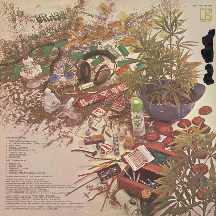 There are some words at the top left of the back cover that use  (“GRASS”),  (“MARIJUANA”) and  (“CANNABIS SATIVA”). Track list and credits are set in sober .
