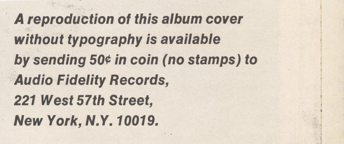 Detail from the back cover: “A reproduction of this album cover without typography is available”.
Who’d want a reproduction of this album cover without typography?! The typography is the only good thing about this.