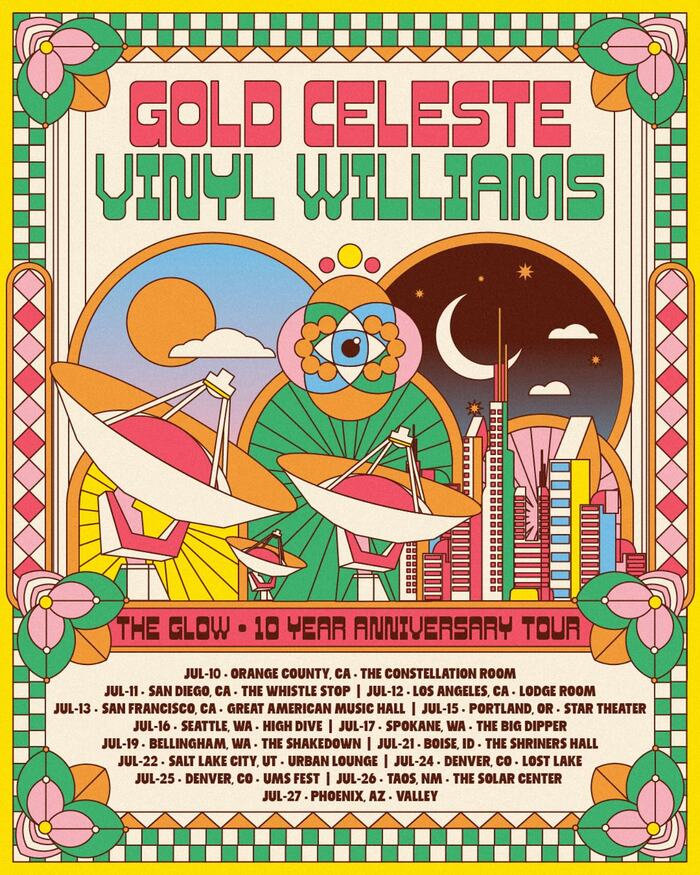 Gold Celeste &amp; Vinyl Williams – The Glow 10th Anniversary tour poster