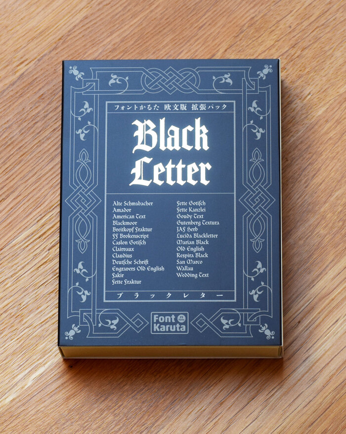 The box front features the title in , with  for the list of included typefaces. The Japanese font appears to be . The Font Karuta logo is in .