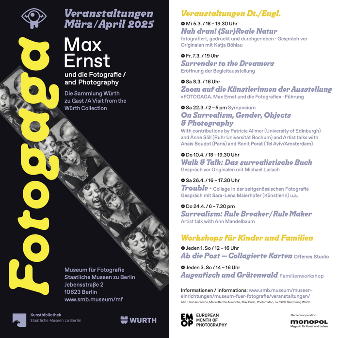 Front and back of a flyer with a list of events accompanying the exhibition in March and April 2025