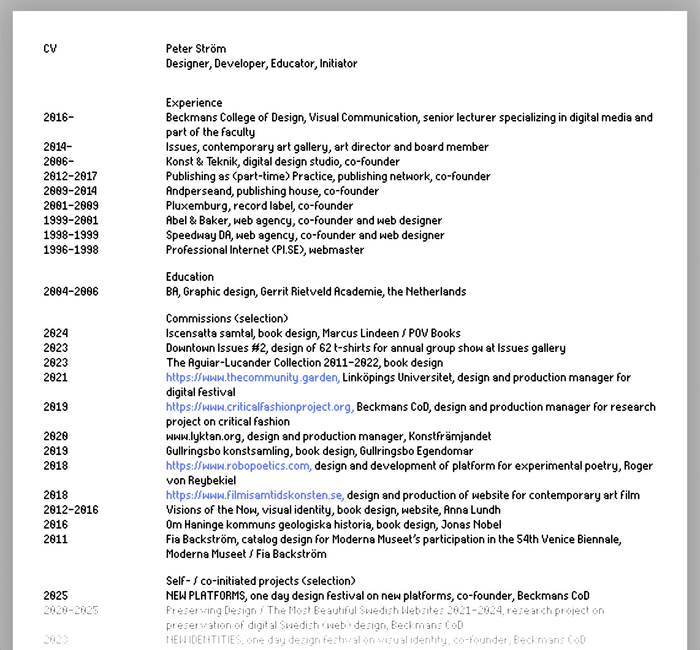 CV page of Peter Ström, entirely set in Electric Blue. The bottom of the page is faded out and gets thicker on scroll – one of the advantages of variable fonts.