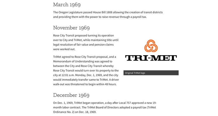Timeline of the TriMet story featuring the original logo with hyphen. The website typography pairs Source Sans and Zilla Slab.