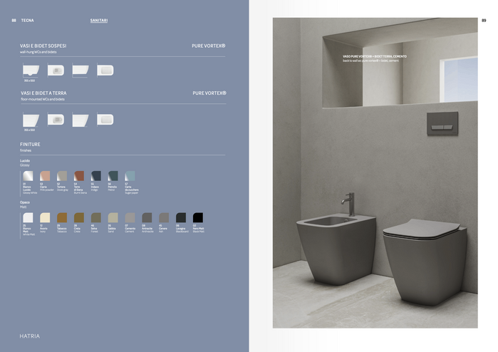 Catalog spread for the Tecna series of WCs and bidets with available options for the finishes