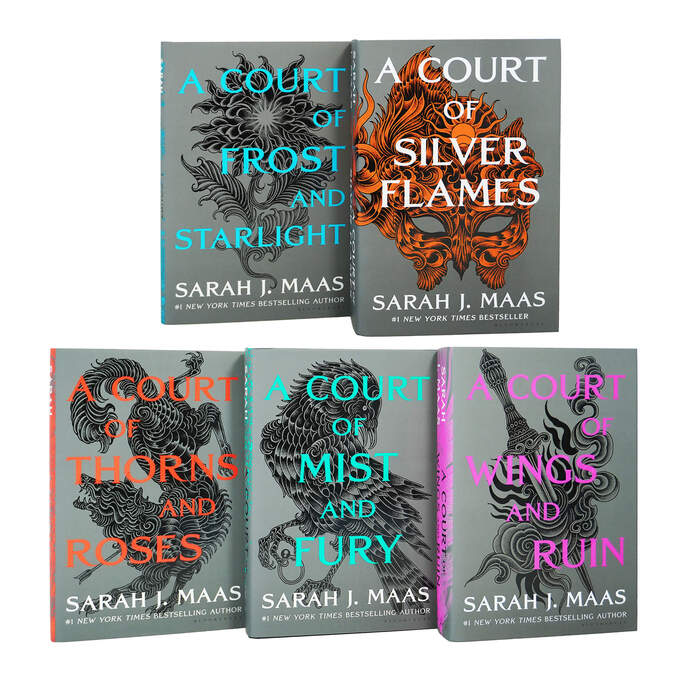 The dust jackets for the hardback edition have colored titles against a gray background. The final book, A Court of Silver Flames, represents an exception, featuring orange cover art and white type.
