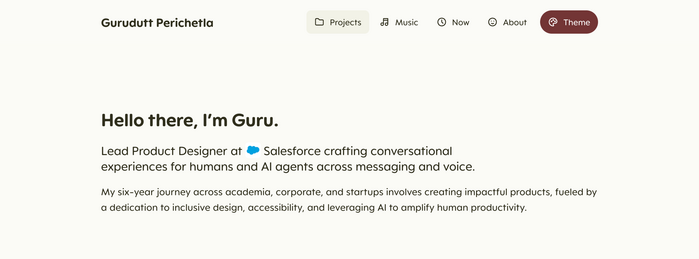 Hero section in “Tiramisu Éclair” theme. The typeface used here is  by . I&nbsp;used this typeface to invoke a playful feel due to its rounded and soft aesthetic.
