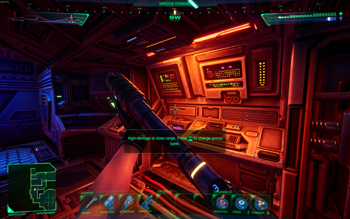 The HUD in System Shock, displaying basic vitals and navigation. Short text prompts that show when the player encounters something new, such as this shotgun I spent too long looking for, is set in Arial.