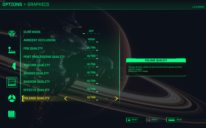Settings and graphics menu