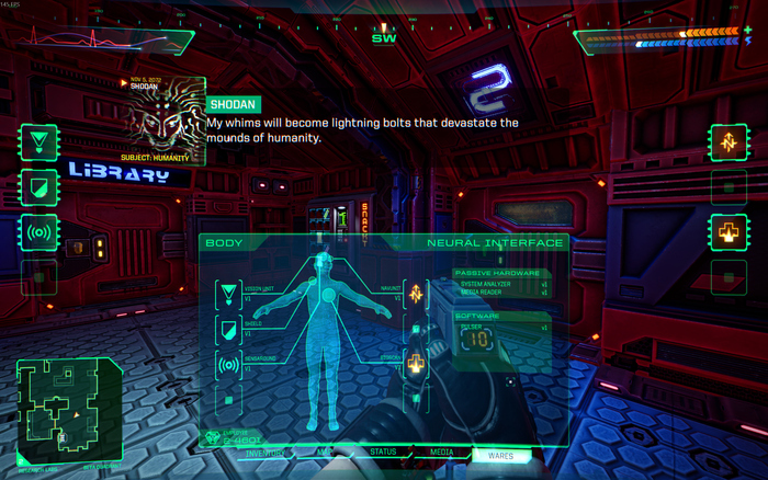 Viewing my character’s wares. Note that I am currently listening to an audio log made by SHODAN, hence the subtitles and her image on the side.