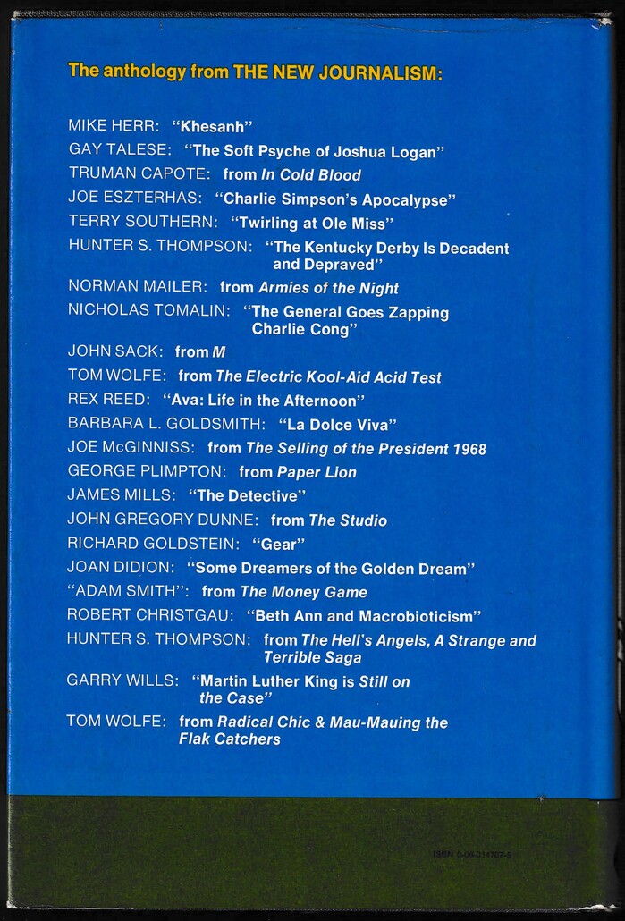 The back lists the twenty-three texts included in the anthology in two weights of . Two authors,  and Wolfe himself are featured twice.