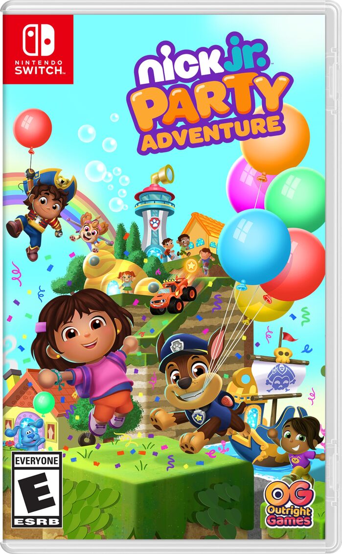 Omnes Black with dancing letters, contour and highlight effect, on the packaging for Nick Jr. Party Adventure, a video game released in 2024.