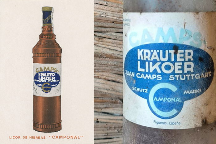Bottle label ft. lettering, an unidentified grotesk for &ldquo;Licor de Hierbas &lsquo;Camponal&rsquo;&rdquo; (similar to Grotesca Favorita by Gans), and Bauer&rsquo;s Kleopatra
