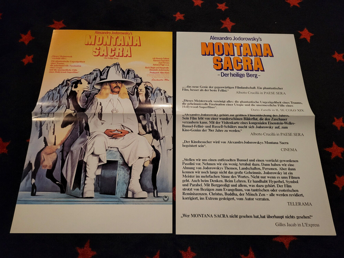 Two mini posters for Montana Sacra. The one with the blurbs features a bichromatic setting in orange and purple.