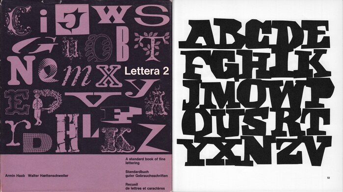 Book jacket for Lettera 2 (left), &ldquo;a standard book of fine lettering&rdquo; edited by  and  and published by  in 1961. One of the included alphabets is Lettre coup&eacute;. The showing on page 53 (right) is caps only and omits the letter L.