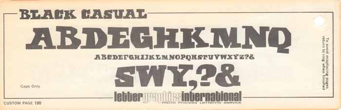 Californian phototype provider  turned Haettenschweiler&rsquo;s lettering into a proper typeface. Their adaptation called Black Casual can here be seen in a catalog dated 1969. It adds the missing L alongside some punctuation glyphs (comma, question mark, ampersand) and also introduces counters in A B and P.