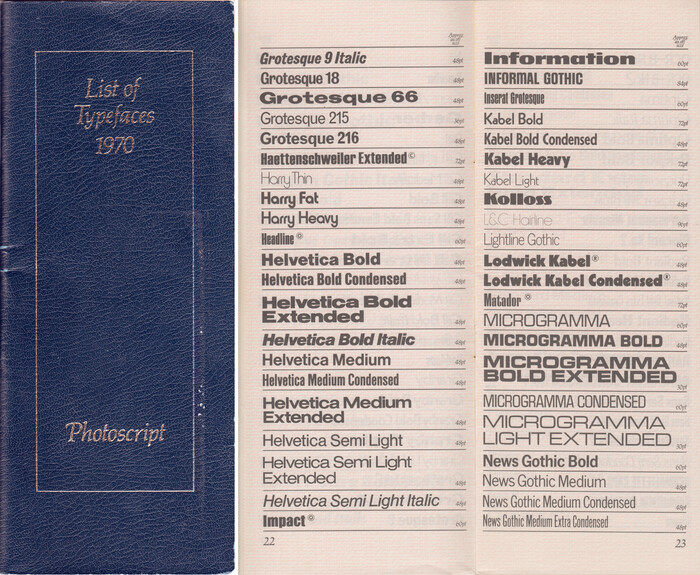 London-based typesetting company  showed  in their List of Typefaces 1970, as &ldquo;Exclusive Royalty face&rdquo; and in two widths.