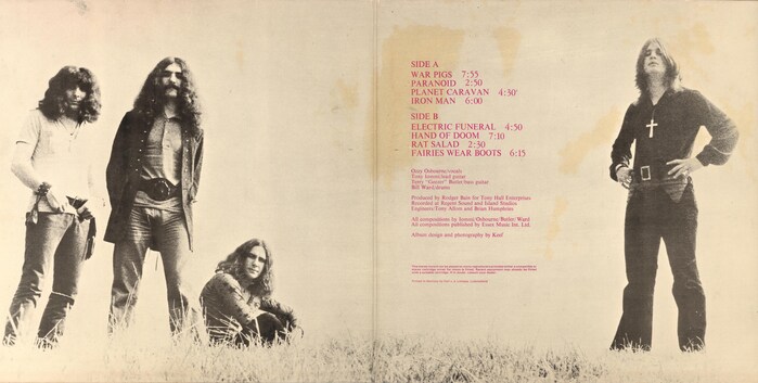 Gatefold from a 1970 German pressing. Track names and credits are set in , just like in the original. The run-times – which are absent in the UK release – were added in a , alongside the small print in  and .
