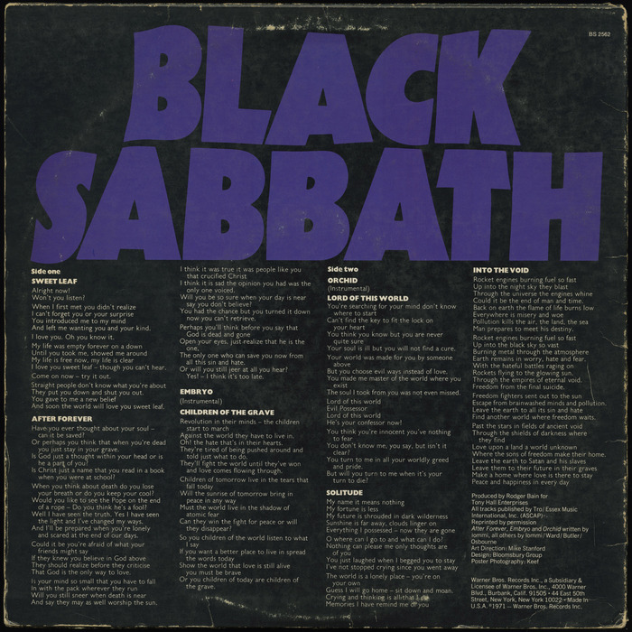 Master of Reality was the band’s first album to include printed lyrics. They are set in , with caps from a bold weight for the titles. At least on the shown US pressing by , the credits block uses .