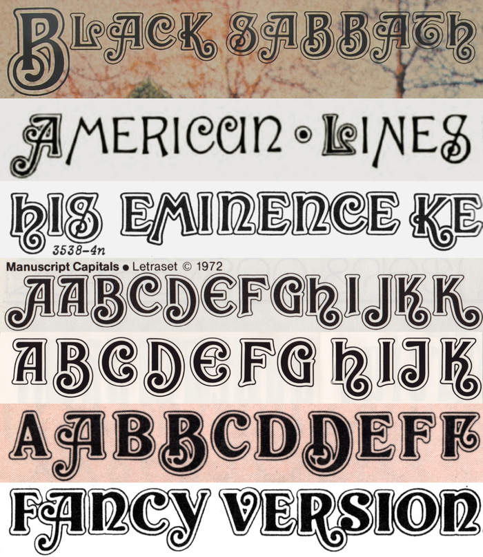 A lineage of adaptations of Harper Rimmed, from top to bottom:

1970 Black Sabbath cover detail feat. the Unusual Alphabet #9 by Crosby/Fletcher/Forbes, c.1970.

 with rimmed initials by Gustav F. Schroeder for Central Type Foundry, 1882.

 by Photo-Lettering, Inc., 1962.

 by Bob Newman for Letraset, 1972.

Fancy Letter by Walter Haettenschweiler. Allegedly from 1957. However, the earliest known showing is in the 5th revised edition of Lettera 2 from 1976.

, shown by Formatt in 1974.

, shown by Solotype in 1992.