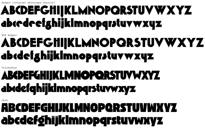A comparison of the original  with related digital fonts, namely: K22 Gadget, , and . The latter two examples were based specifically on the cover of Vol 4, presumably without using a full alphabet of the original Gadget as a reference.