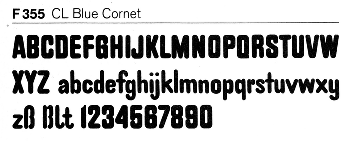 Glyph set for CL Blue Cornet from a c.1976 catalog by Fürst, with alternate forms for ß l t