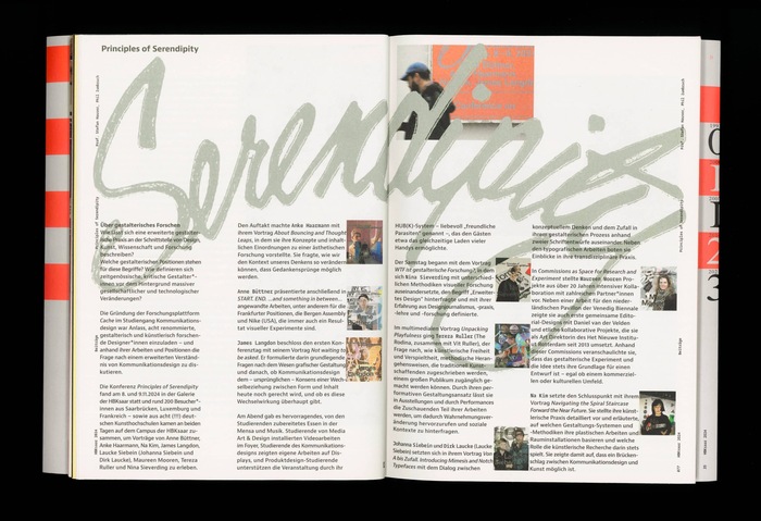 Spread showcasing the “Principles of Serendipity” conference on extended graphic design