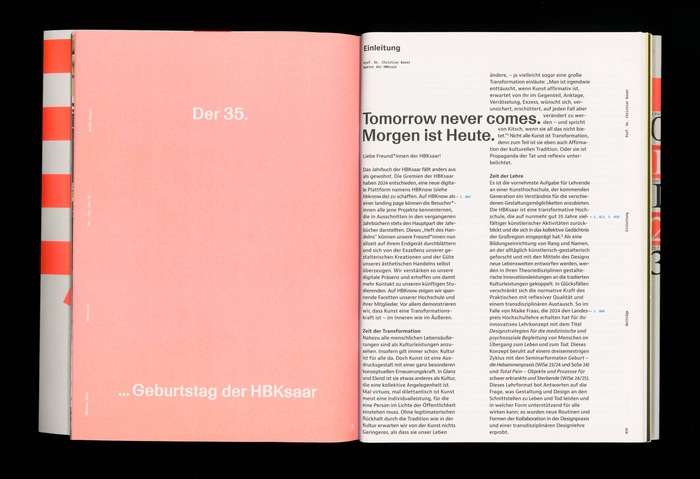Ending of Saleh Alsaid’s “35” editorial and the foreword of Prof. Dr. Christian Bauer, the rector of HBKsaar. The text also functions as a table of contents.