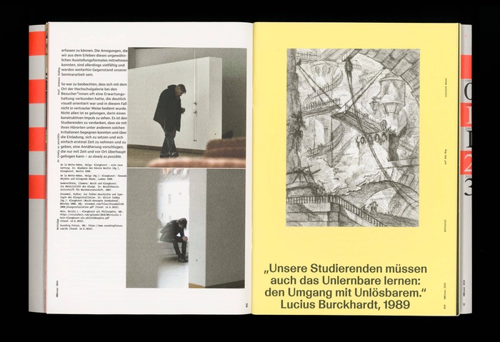 Start of the centre editorial on yellow pages by Lorraine Bauer: “our students must learn the un-learnable: dealing with the unsolvable”, Lucius Burckhardt, 1989 (one of the founding members of HBKsaar)