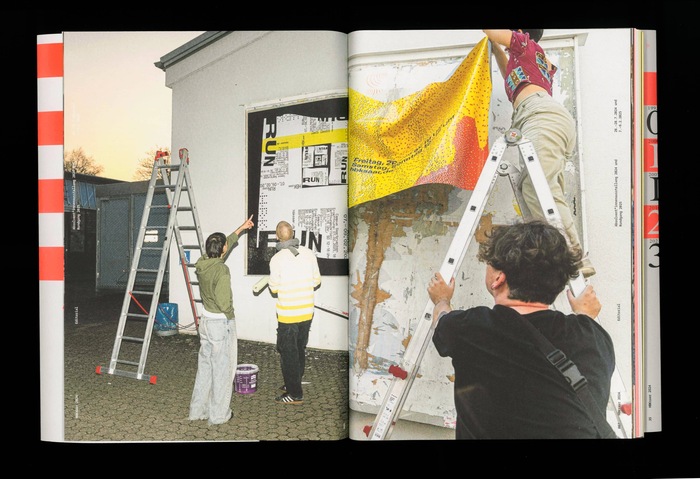 Guest appearance of Studio 63, the HBKsaar student-run design studio, preparing the Rundgang and Abschlussfeier exhibitions. From left to right: Saleh Alsaid, Matti Henn, Marietta Stucky (on the ladder) and Manuel Wesely