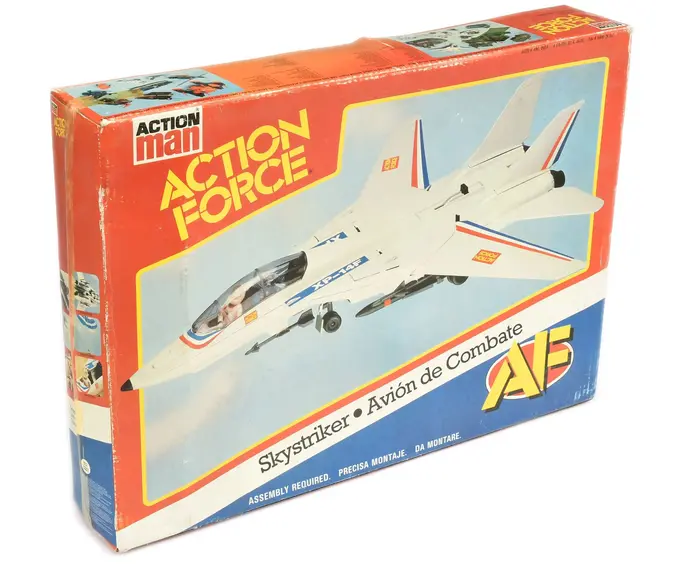The product line also included various vehicles. The small print on the Skystriker box is  Bold Condensed.