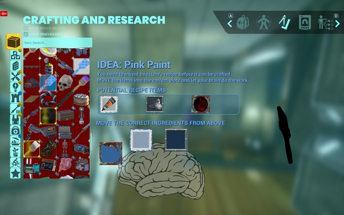 A player ‘inventing’ a new crafting recipe by dragging in the correct ingredient, which unlocks when a player collects a new object. One of the few instances where the old Roboto is used.