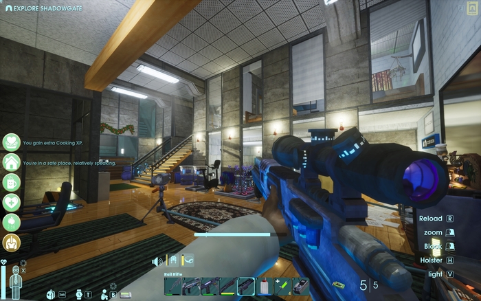 The game’s HUD, displaying multiple things such as button prompts, hotkeys, player status, active perks (seen on the left) and current mission objectives.