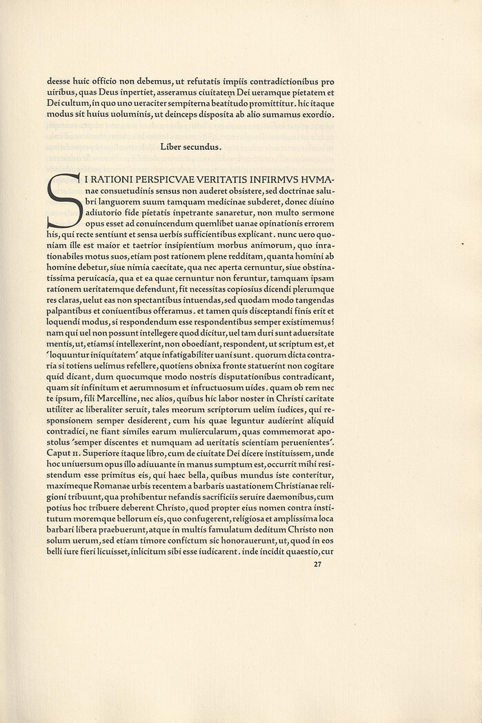 The drop cap starting the second book has a height of five lines.