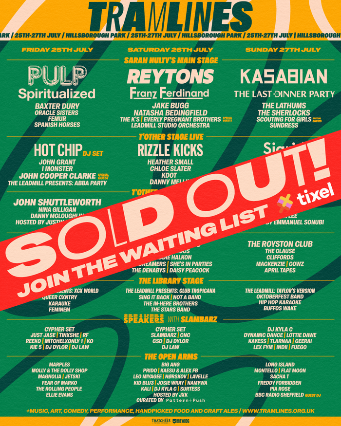 Line-up poster with “Sold out!” notice in wide weights from Sztos