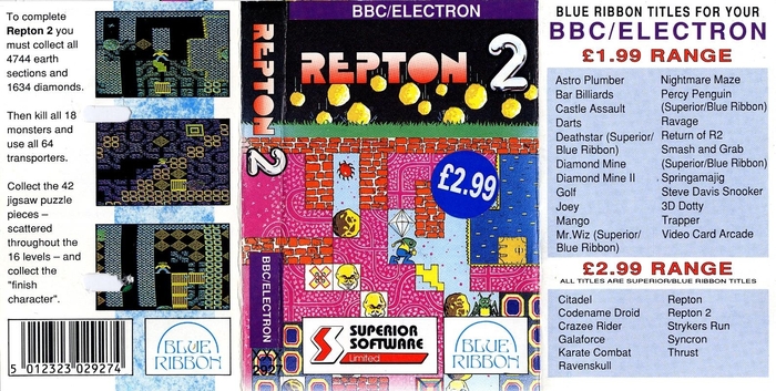 The unfolded inlay (front) for the cassette version of Repton 2 (for the BBC Model B and Electron). Blue Ribbon (wordmark in Edda) was a budget label, publishing jointly with Superior Software. Because this is the budget release, this is likely a few years after the original 1985 release.