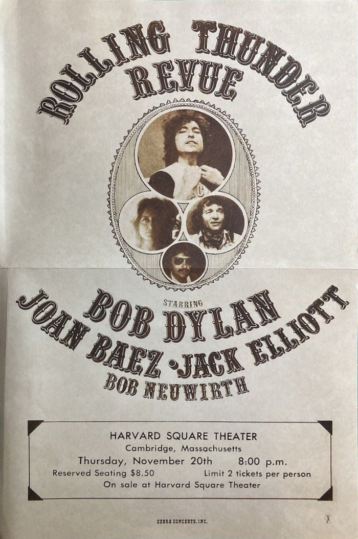 Poster for the show at Harvard Square Theater in Cambridge, Massachusetts, November 20, 1975. The text inside the box uses .