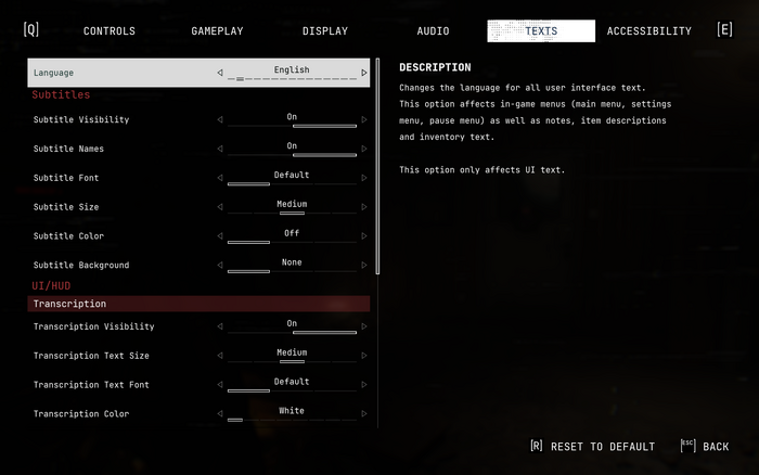 Settings menu