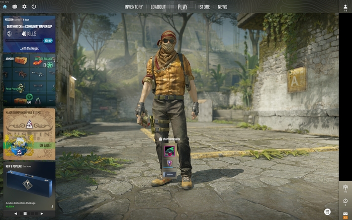 Main menu/lobby. Currently running events and items on sale are shown on the left, other features at the top and the friends list to the right. The top bar uses Stratum 2 Condensed for its text and is notably one of the few UI elements to use some sort of topographical pattern.