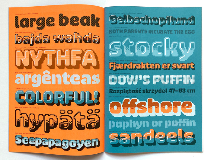 An overview of Puffin Arcade’s style range from the printed specimen booklet by Bold Monday